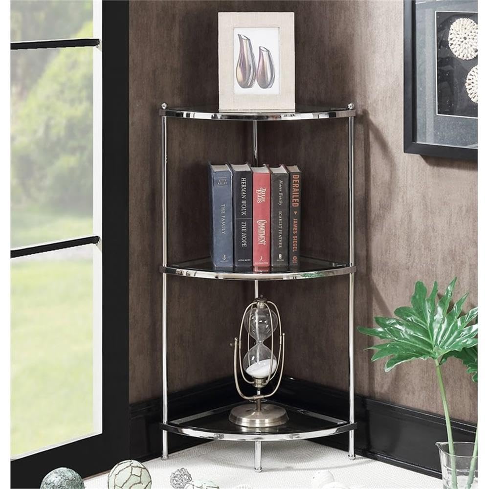 Pemberly Row 3-Tier Glass Corner Shelf with Chrome Frame - Perfect for Bathroom, Kitchen, or Living Room Storage & Display