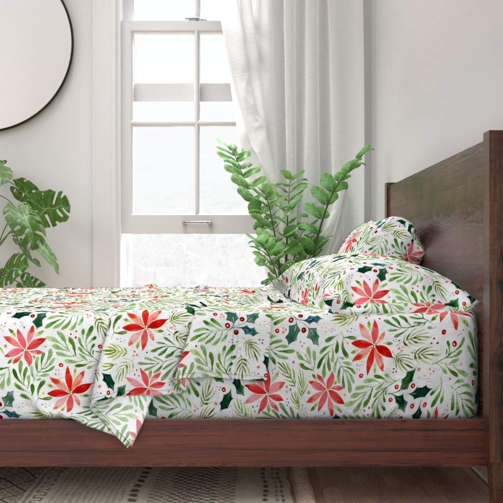 100% Cotton King Size 4-Piece Sheet Set | Christmas Holly Winter Floral Berries Leaves Botanical Print | Watercolor Holiday Kitchen Bedding | Perfect for Christmas Decor & Cozy Winter Nights