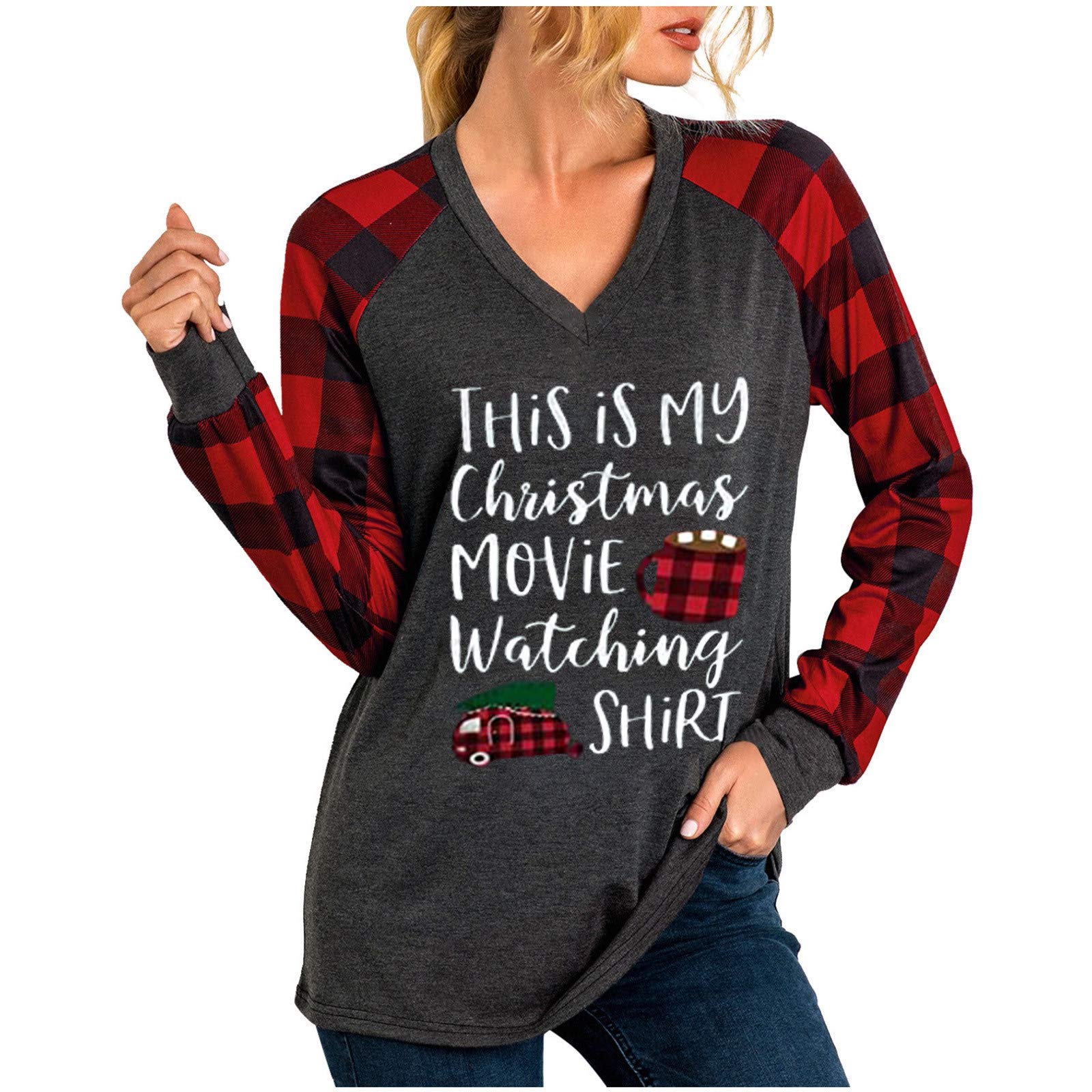 Women's Christmas Print V-Neck T-Shirt - Plaid Fall Long Sleeve Raglan Tee - Casual Work Tops for Women | Holiday Party & Office Wear