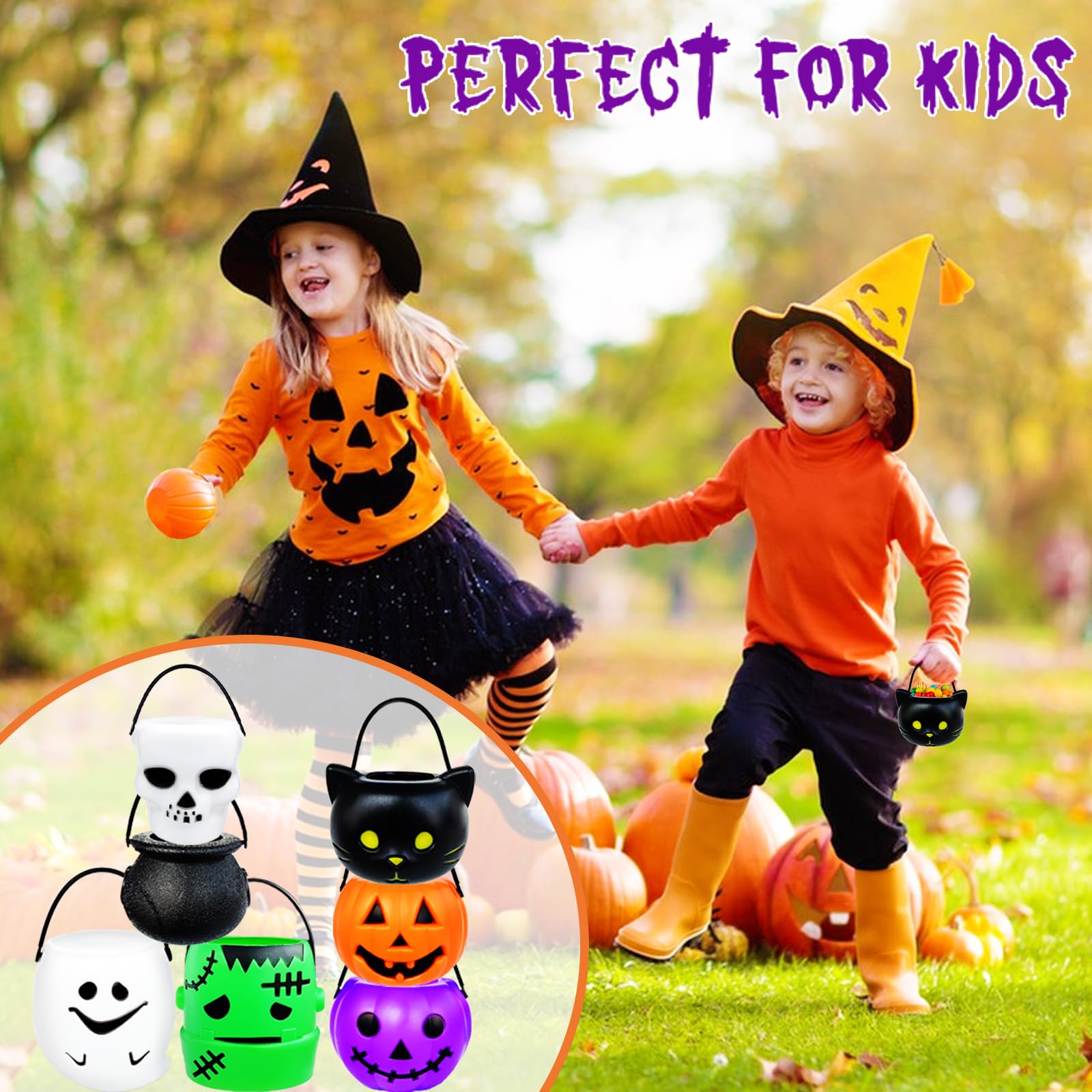 14 PCS Mini Halloween Candy Holder Set - Portable Pumpkin Ghost Cauldron Bucket with Candy Bags & Black Wire Ties | Halloween Party Supplies for Kids | Perfect for Trick or Treat, Classroom Parties & Neighborhood Halloween Events