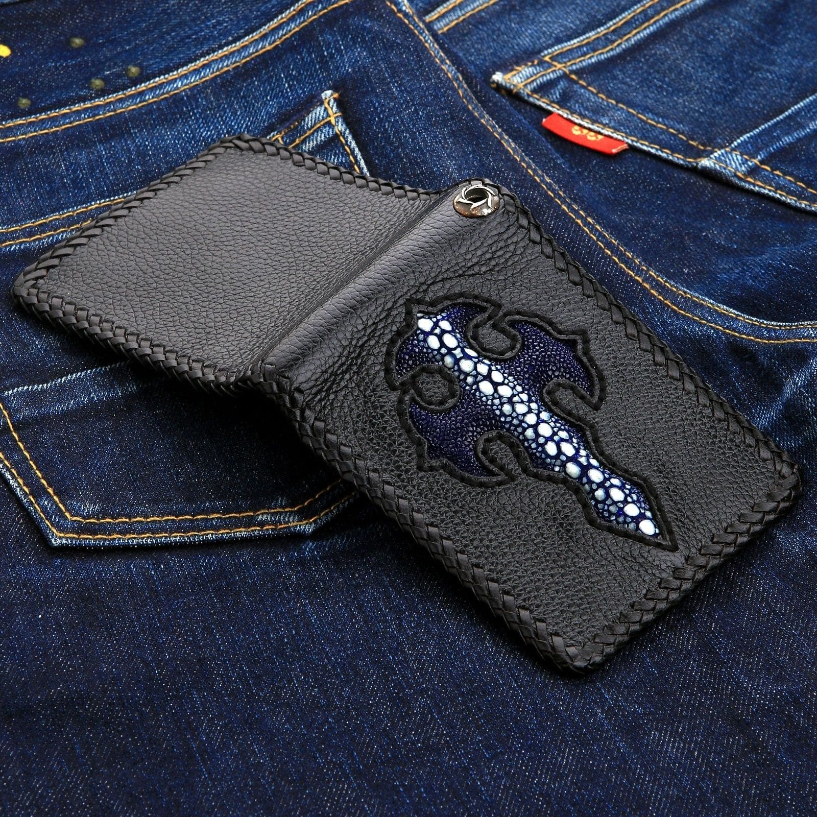 Genuine Exotic Blue Stingray Leather Biker Wallet for Men - Stylish Cross Design, RFID Protection - Perfect for Motorcycle Riders & Everyday Use