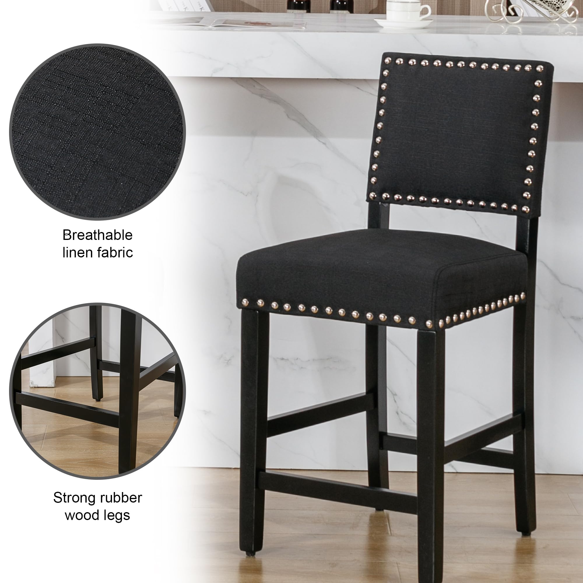DAGONHIL 24 Inch Bar Stools Set of 2 - Counter Height Fabric Upholstered Barstools with Wood Legs & Back Support - Armless Dining Chairs with Silver Copper Nails - Perfect for Kitchen Island, Breakfast Bar & Living Room (Black)