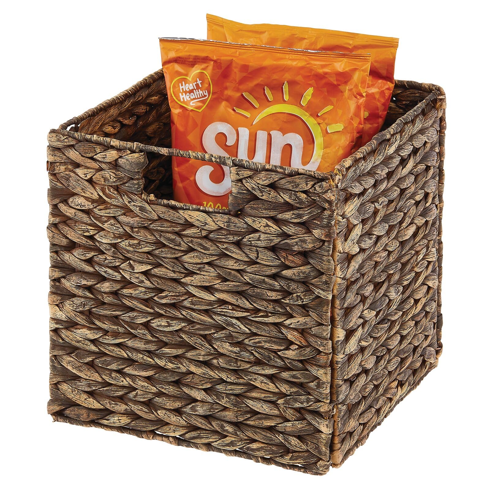 Natural Woven Hyacinth Storage Baskets with Handles - 8 Pack Brown Wash Cube Organizers for Kitchen Cabinet, Pantry Shelf & Cubby Storage | Perfect for Snacks, Small Appliances & Home Organization | Space-Saving Storage Solution for Bedroom, Bathroom & Office