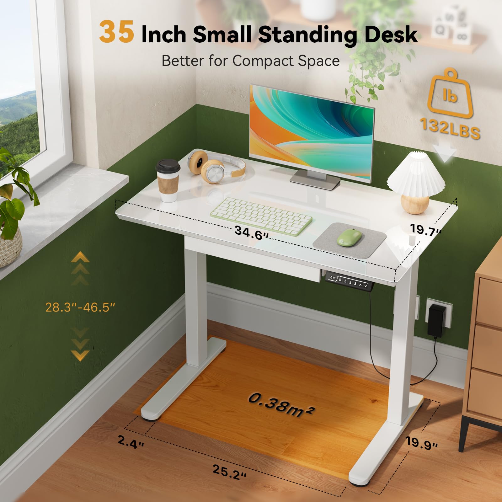 Adjustable Height Glass Standing Desk with Drawer - 35x20 Inch Electric Sit Stand Computer Desk with Wheels, White | Perfect for Home Office, Small Spaces & Ergonomic Workspaces