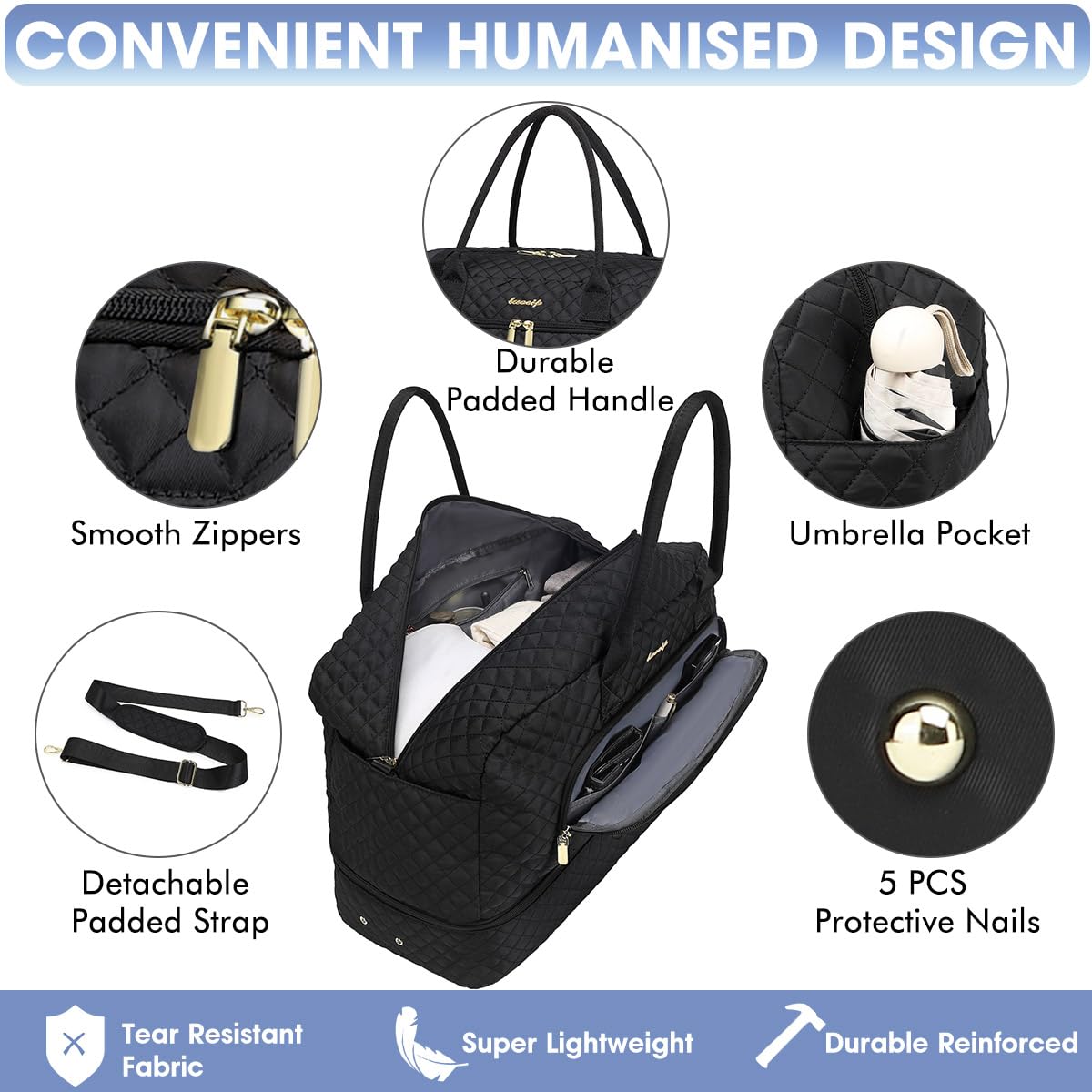 Large Women's Travel Duffle Bag - Carry On Overnight Weekender Gym Yoga Tote with Wet Pocket & Toiletry Compartment | Perfect for Business Trips, Weekend Getaways, Sports, Hospital Visits & Gym Workouts (Black)
