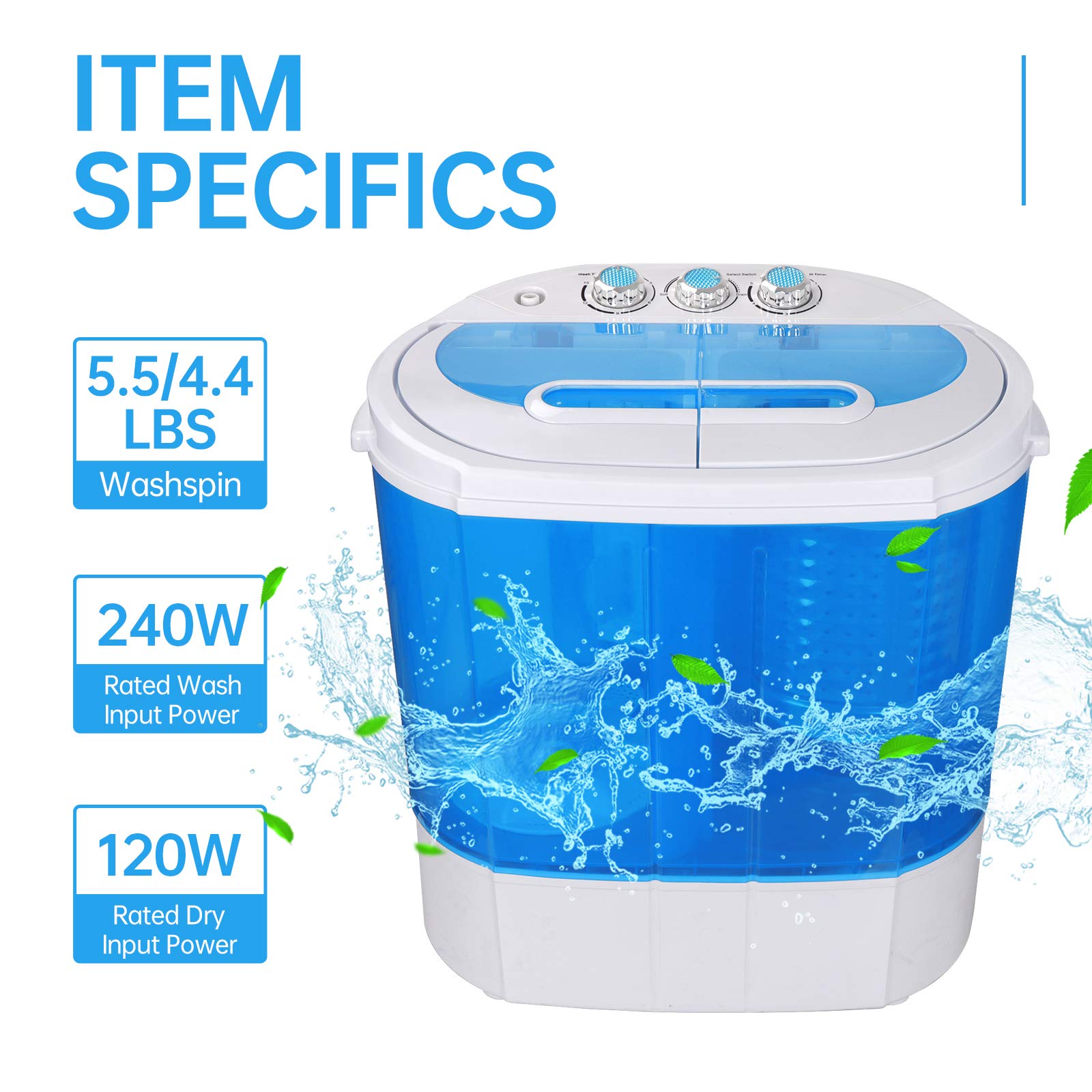 ZENY Portable Mini Twin Tub Washing Machine - 9.9lbs Capacity Compact Laundry Washer & Spin Dryer for Apartments, Dorms, RVs - Lightweight & Space-Saving (Blue) - Perfect for Small Spaces, Travel & Off-Grid Living