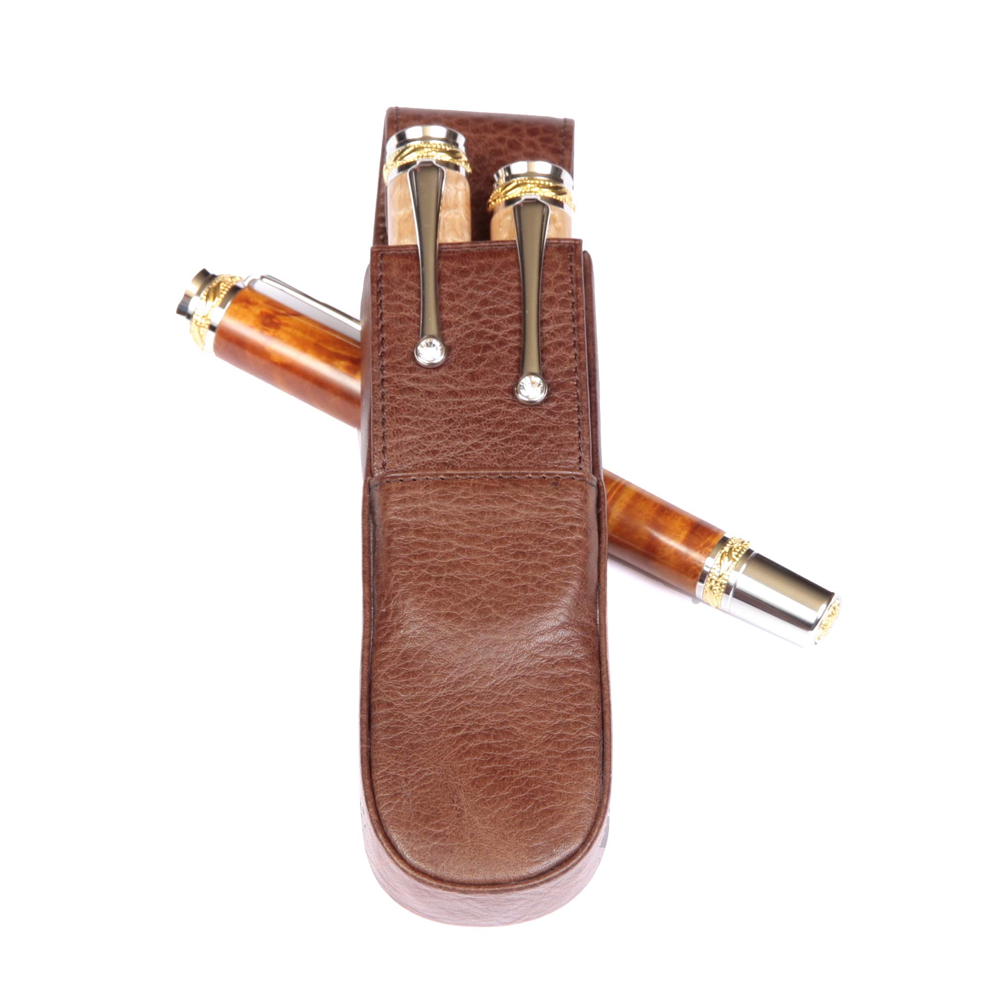 Premium Brown Double Round Leather Pen Box - Elegant Gift for Writers & Professionals - Perfect for Office, Home Desk & Gifting