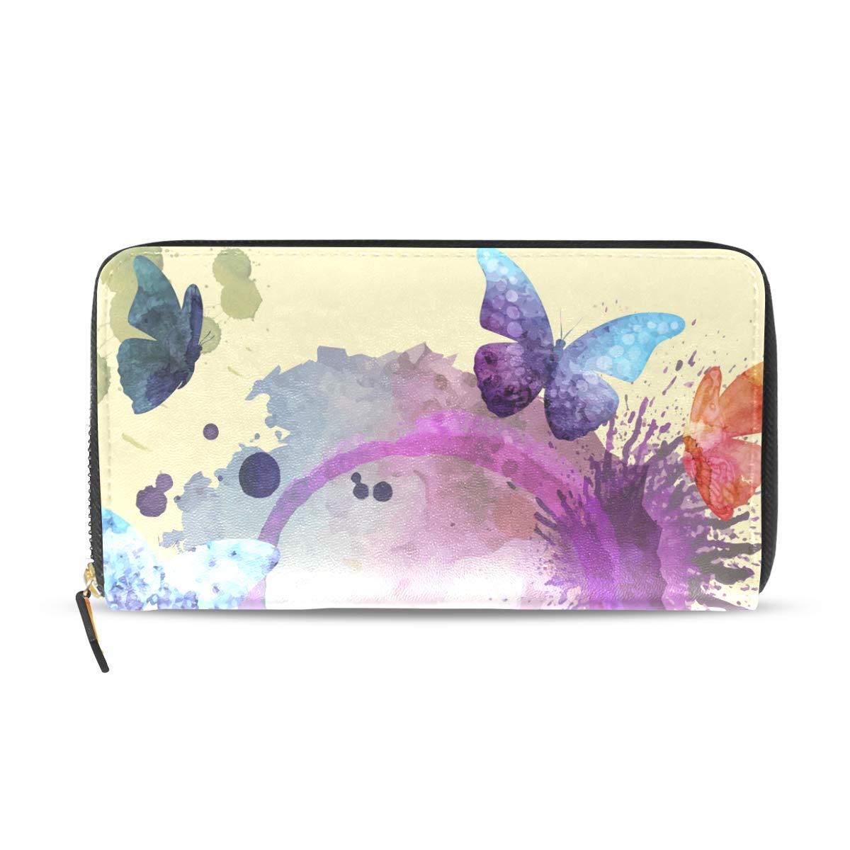 Women's Leather Wallet with Watercolor Butterfly Print - RFID Blocking Card Holder & Money Organizer - Stylish Zip Purse for Everyday Use, Travel, and Gift Giving