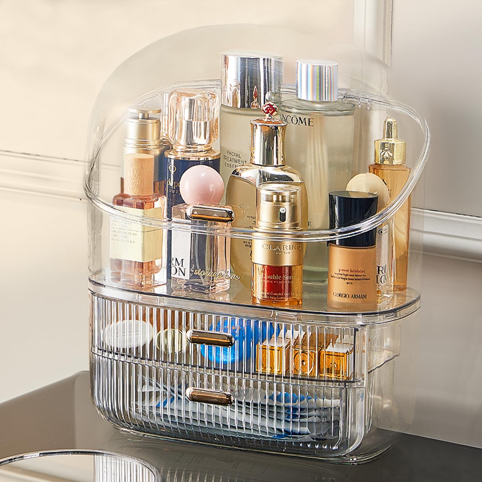 Clear Makeup Organizer with Transparent Cover & 2 Drawers - Cosmetic Storage Box for Lipstick, Brushes, Lotion | Vanity Countertop Organizer for Skin Care & Beauty Products | Perfect for Bedroom, Bathroom & Travel