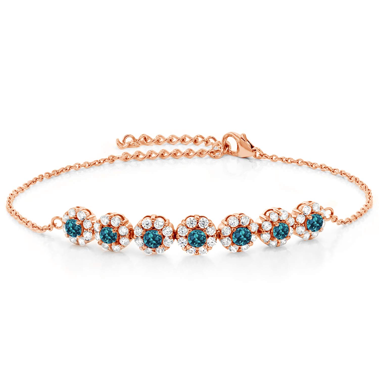 2.38 Ct Round London Blue Topaz Bracelet - 18K Rose Gold Plated Sterling Silver Jewelry for Women - Elegant Gift for Birthday, Anniversary & Special Occasions