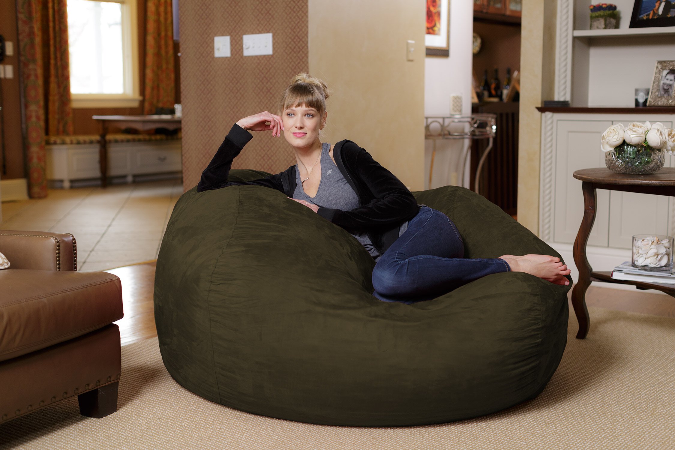Chill Sack - 5-Feet Oversized Bean Bag Chair, Memory Foam Filled Lounger for Adults & Teens, Olive Green - Perfect for Gaming, Movie Nights & Dorm Room Relaxation