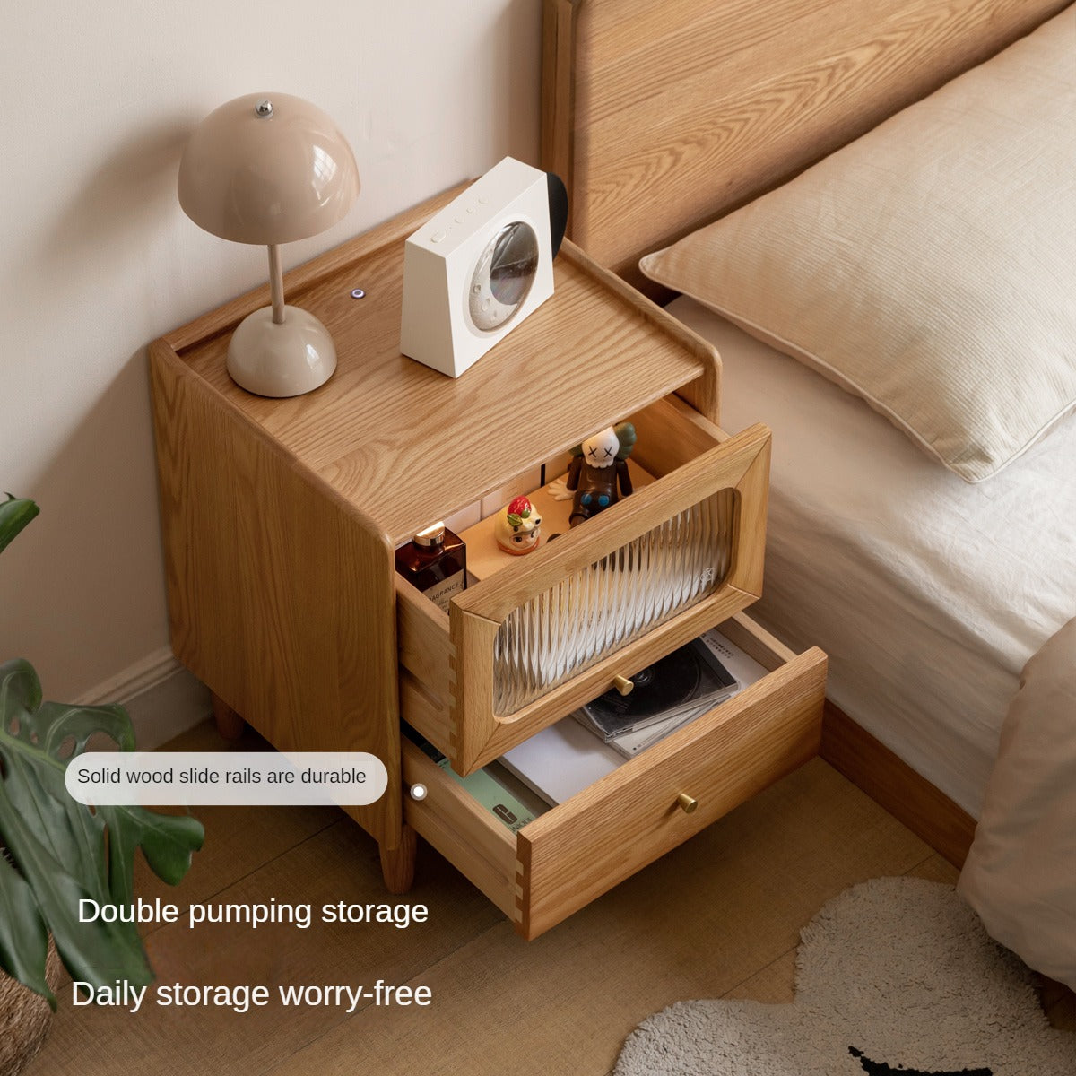 Solid Oak Wood Nightstand with Built-in LED Light - Modern Bedside Table for Bedroom, Living Room, or Office