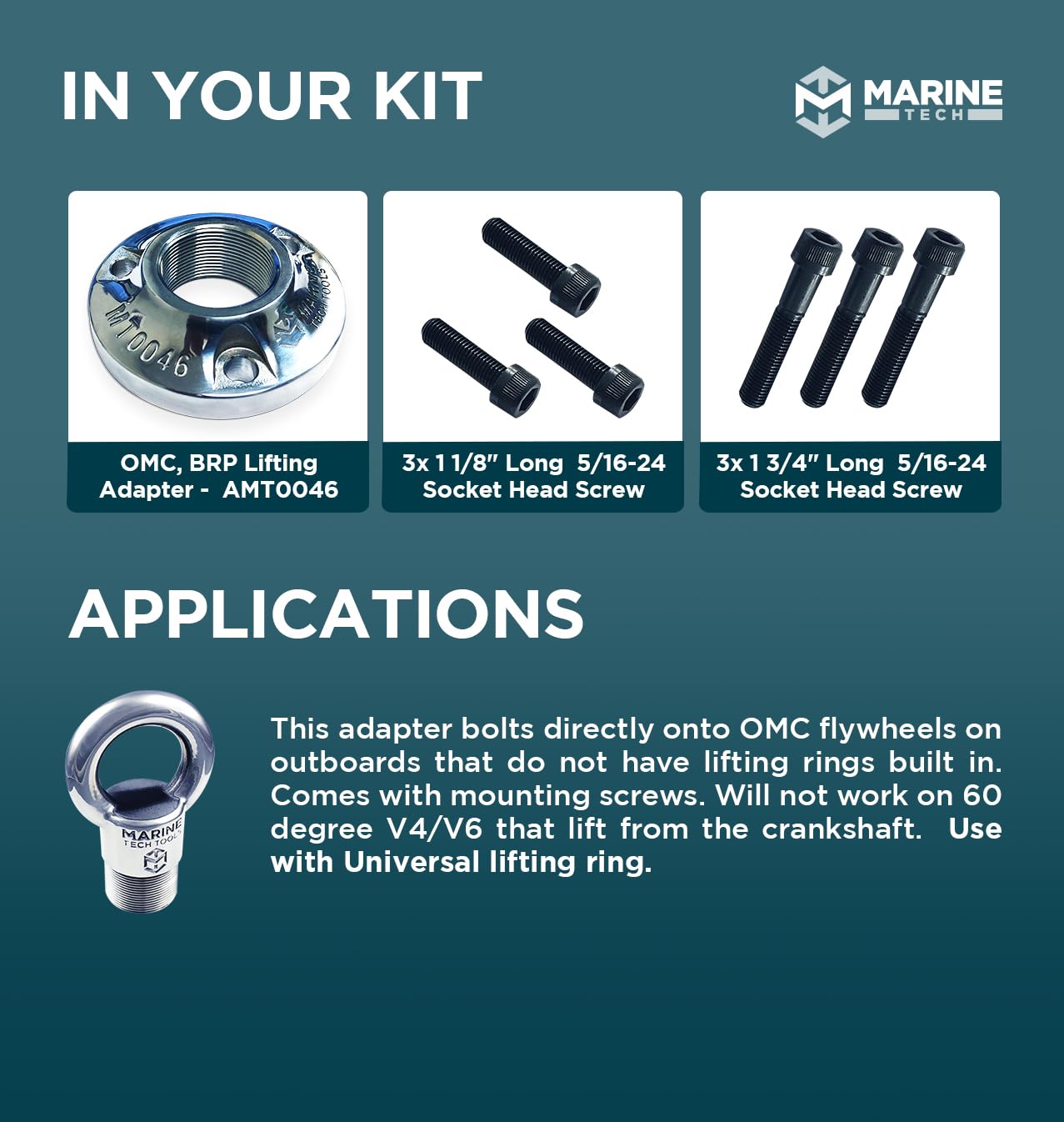 OMC & BRP Lifting Adapter (AMT0046) - Marine Tech Tools Flywheel Bolt-On Adapter for Outboard Motors, Compatible with Universal Lifting Ring (AMT0022) - Perfect for Boat Engine Maintenance & Marine Repair