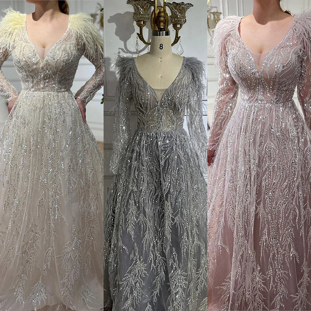 Serene Hill Muslim Beige A-Line Beaded Feathers Luxury Dubai Long Evening Dress Gown 2025 for Women - Elegant Wedding Party & Special Occasion Wear