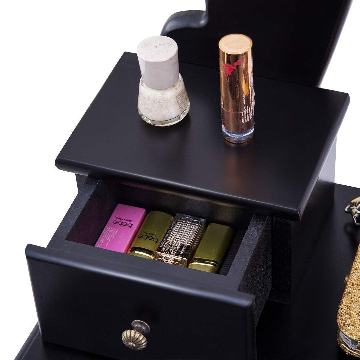 Casart Vanity Makeup Table Set with Cushioned Stool & 360° Swivel Mirror - 5-Drawer Dressing Table for Bedroom, Black Wooden Vanity Set - Perfect for Makeup, Skincare & Jewelry Organization