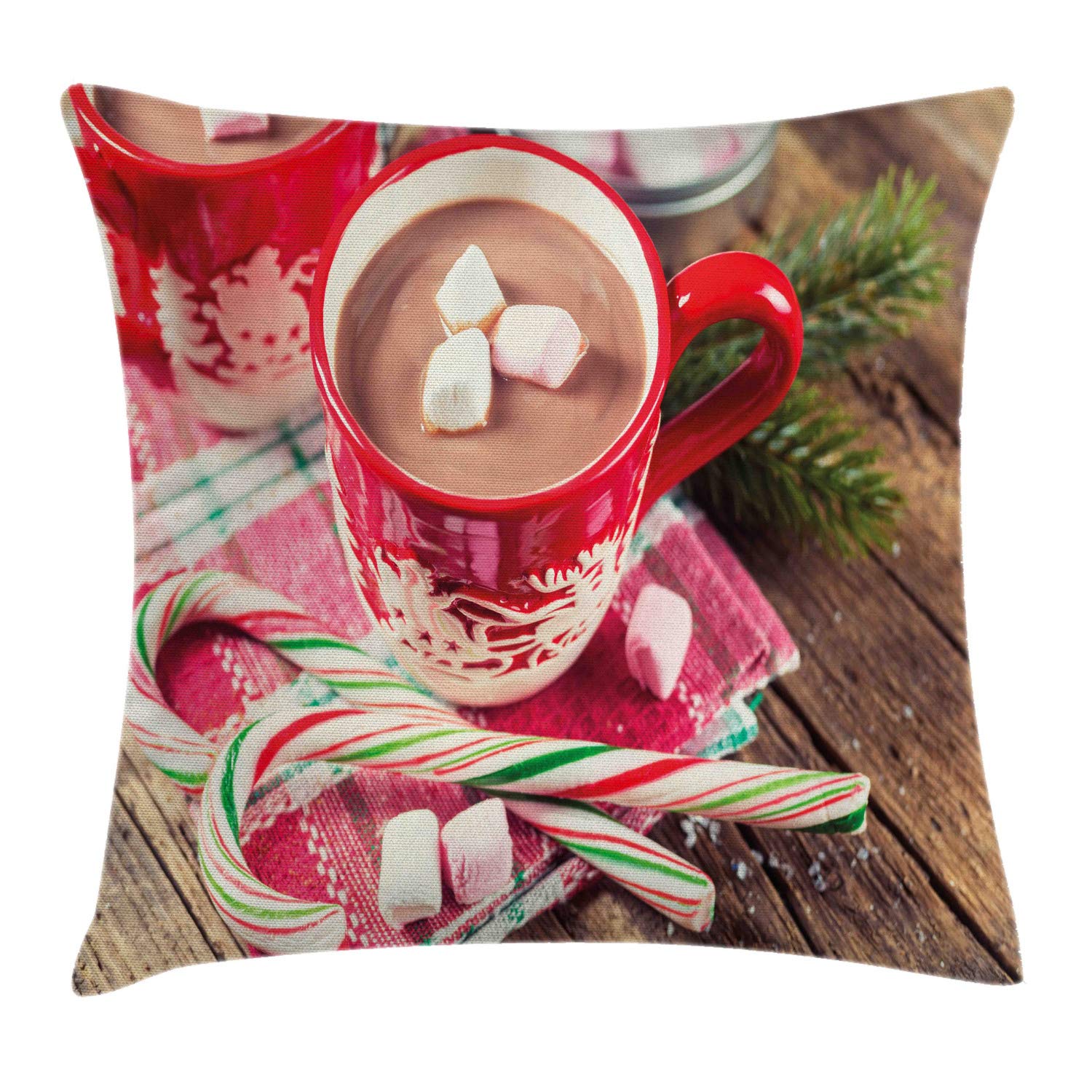 Ambesonne Christmas Throw Pillow Cover 16x16 Inches - Cozy Hot Chocolate Mug with Marshmallows Photo Print, Decorative Square Cushion Case for Sofa, Bed, Living Room - Holiday Home Decor Gift Idea