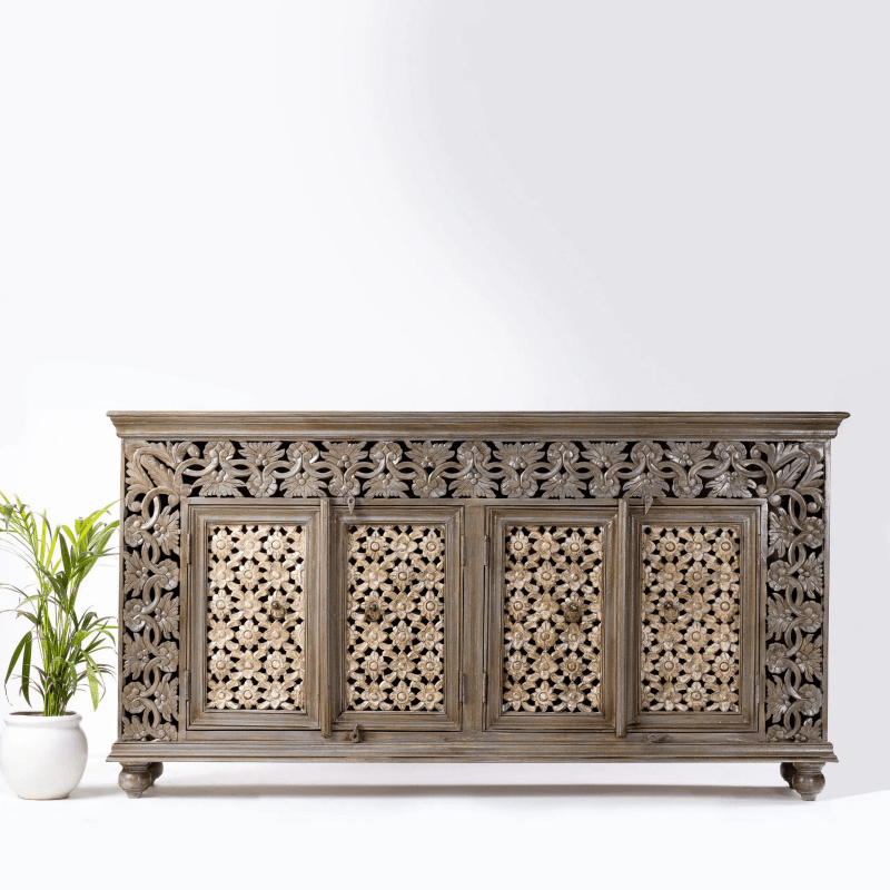 Exquisite Hand-Carved Floral Solid Wood Indian Sideboard Cabinet - Vintage Home Decor for Living Room, Dining Room & Entryway Storage