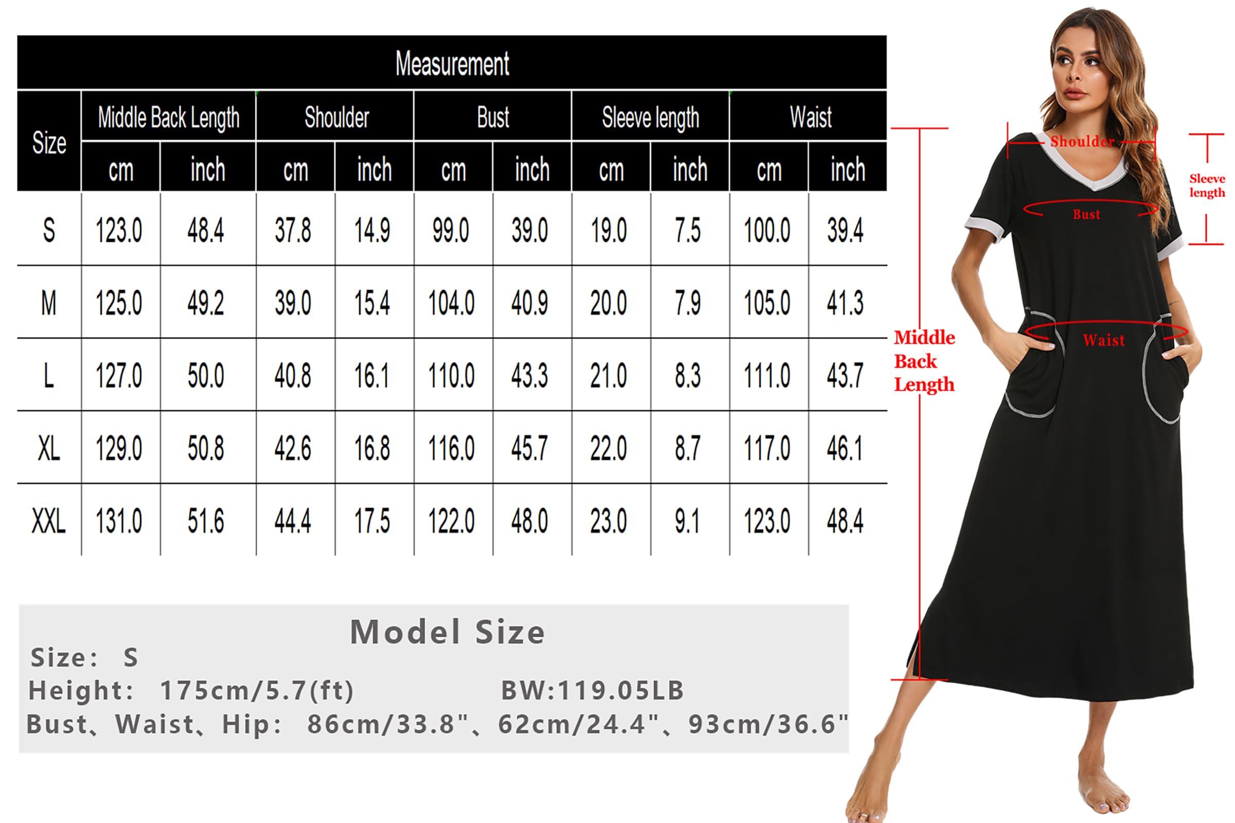 Jezonga Women's Long Sleeveless Nightgown - Soft V-Neck Sleepwear with Pockets for Lounge & Sleep - Comfortable Nightdress Sizes S-XXL - Perfect for Bedtime, Relaxing at Home or Maternity Wear