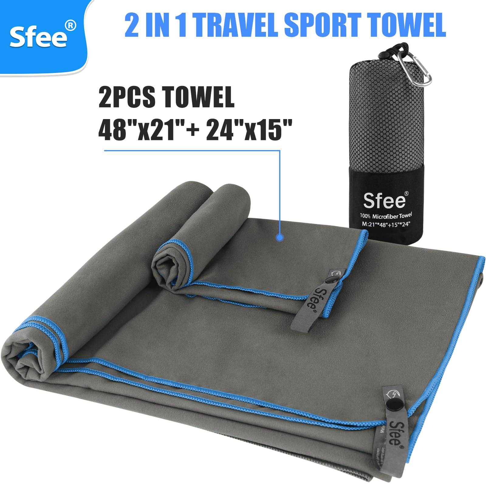 2 Pack Quick Dry Microfiber Travel Towel - Super Absorbent Lightweight Camping & Sports Towel for Gym, Swimming, Beach, Yoga, Hiking | Perfect for Travel, Backpacking, Pool & Bath Use
