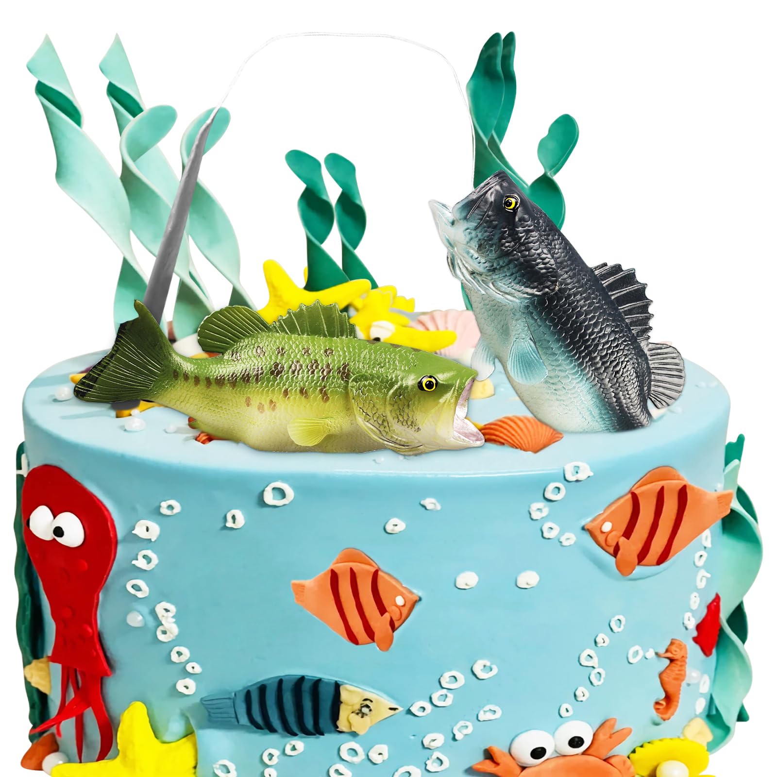 2-Piece Fishing Cake Topper Set - Fish-Themed Birthday Party Decorations for Cakes - Perfect for Fishing Enthusiast Birthday Parties, Baby Showers & Outdoor-Themed Celebrations