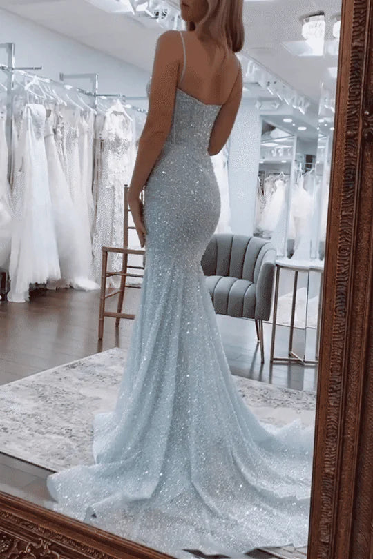 Sparkling Blue Prom Formal Dress Long Mermaid Gown with Spaghetti Straps - Perfect for Homecoming, Evening Gala & Special Occasions
