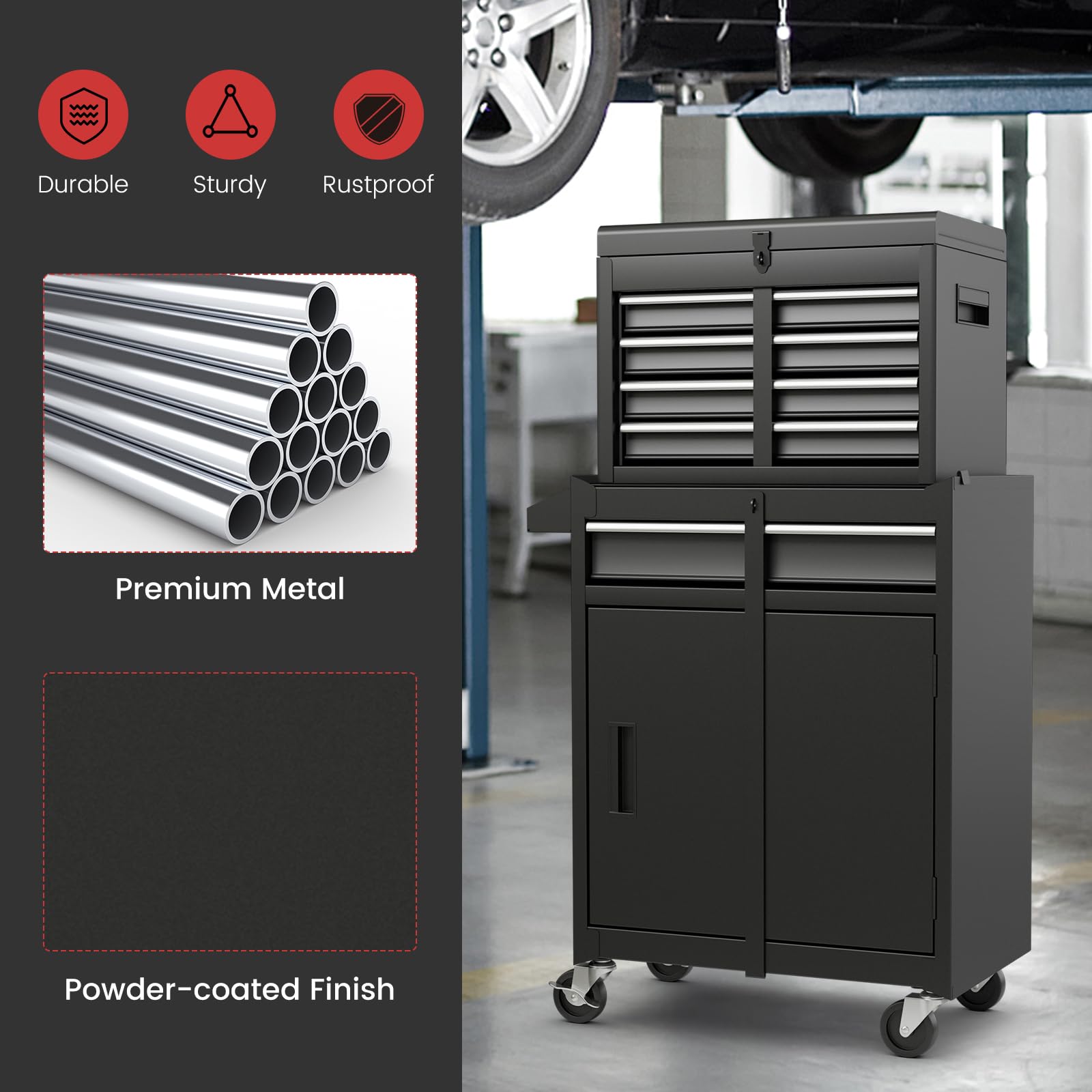 Casart 5-Drawer Rolling Tool Cabinet with Lockable Drawers & Wheels - Heavy Duty Mobile Tool Storage Organizer for Garage, Workshop, and DIY Projects