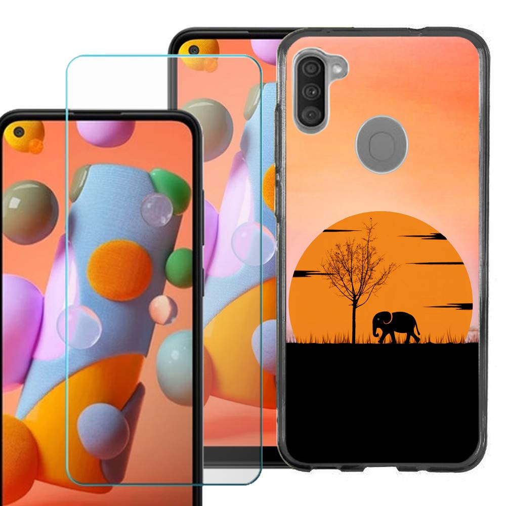 OneToughShield Slim-Fit TPU Phone Case for Samsung Galaxy A11 - Shockproof Protective Cover with Tempered Glass Screen Protector (Black, Sunset Elephant Design) - Perfect for Daily Use, Outdoor Activities & Travel Protection
