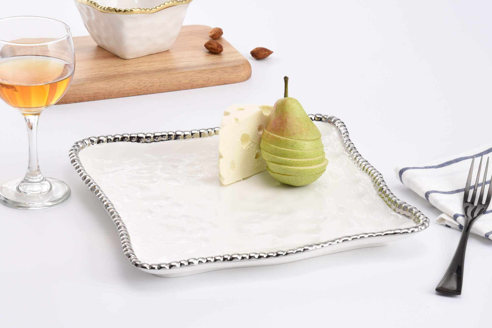 Pampa Bay Salerno 11-inch Square Titanium-Plated Ceramic Platter Tray - White & Silver Porcelain Serving Dish - Oven Safe Holiday Party Appetizer Plate for Christmas, Thanksgiving & Entertaining