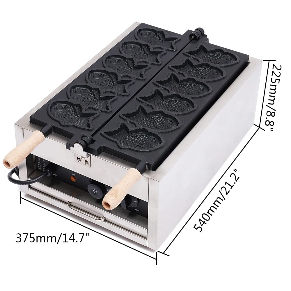 Commercial Electric Taiyaki Maker - Japanese Fish-Shaped Waffle Machine with Non-Stick Coating, 3000W (6-Fish Capacity) - Perfect for Home Bakeries, Cafes & Japanese Dessert Shops