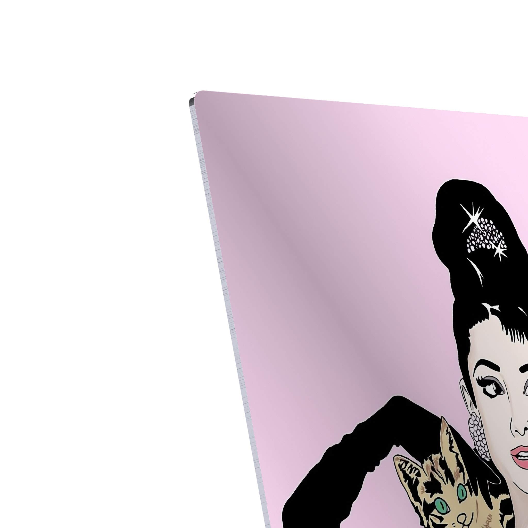HB Art Design Audrey Hepburn Wall Art with Cat - Breakfast at Tiffany's Movie Inspired Digital Print on Metal - Pink Background Home Decor (24x16 Inches) - Perfect for Bedroom, Living Room & Office Wall Decor
