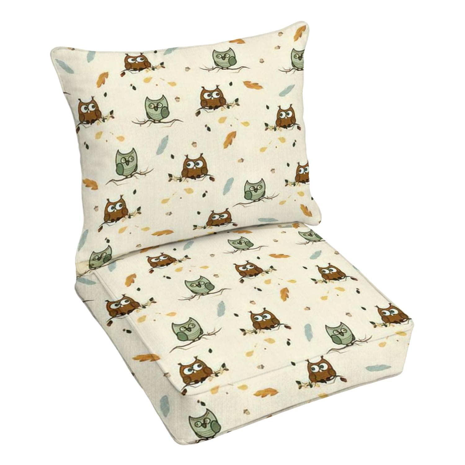 Premium Outdoor Deep Seating Cushion Set - Autumn Owl & Oak Leaf Design Feather Print - Waterproof Patio Furniture Replacement Cushions for Lounge Chairs - Perfect for Garden, Deck, Poolside & Conversation Areas