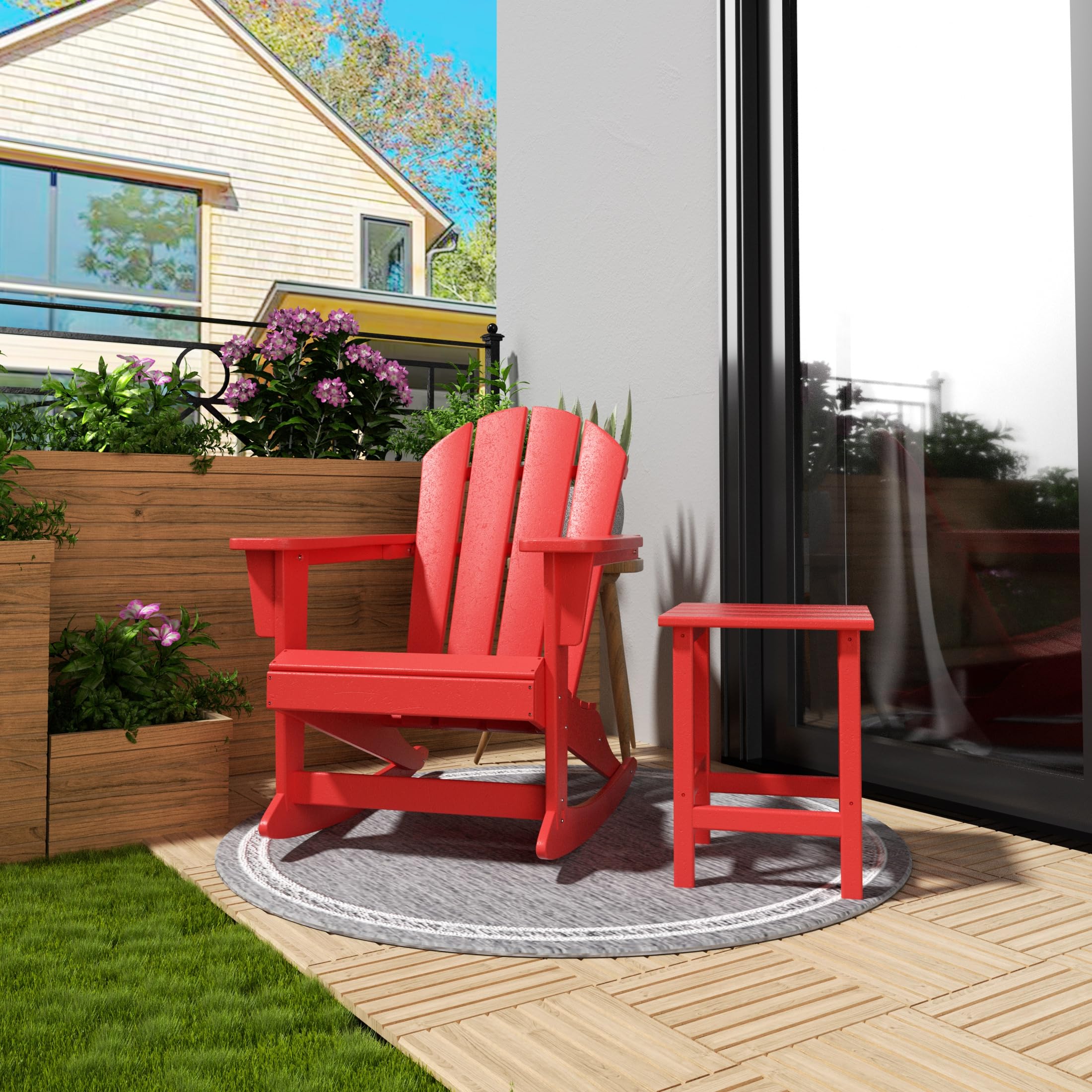 **WO Home Furniture Classic Outdoor HDPE Rocking Chair - UV & Weather Resistant, Comfortable Patio Rocker (Red) - Perfect for Gardens, Decks, and Porches**