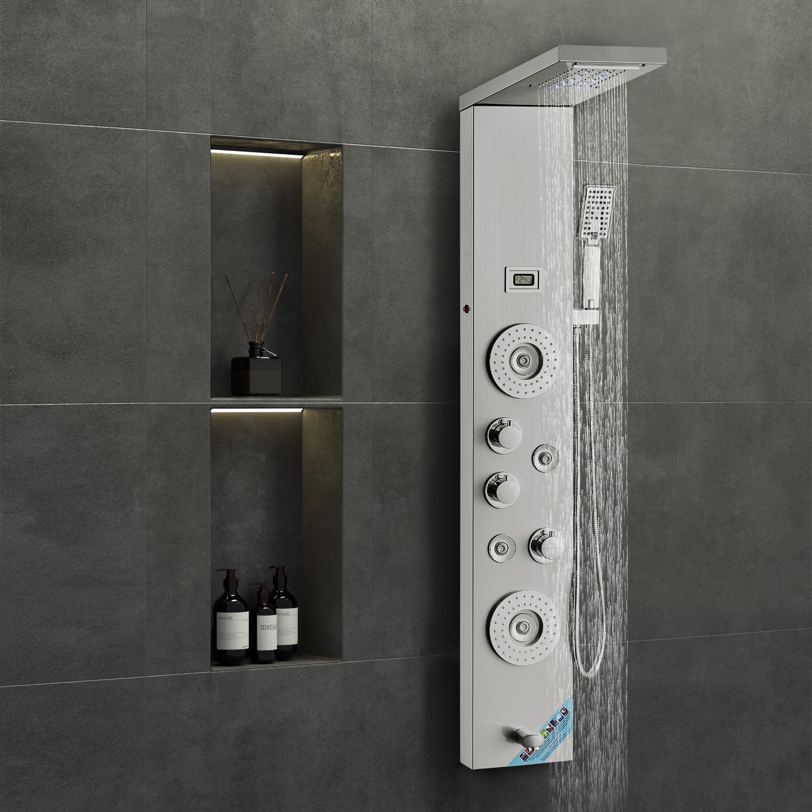VEVOR Stainless Steel Shower Panel System with 6 Shower Modes - LED Rainfall Shower Tower, Waterfall & 4 Body Massage Jets, Wall-Mounted Shower Set with Tub Spout & 59