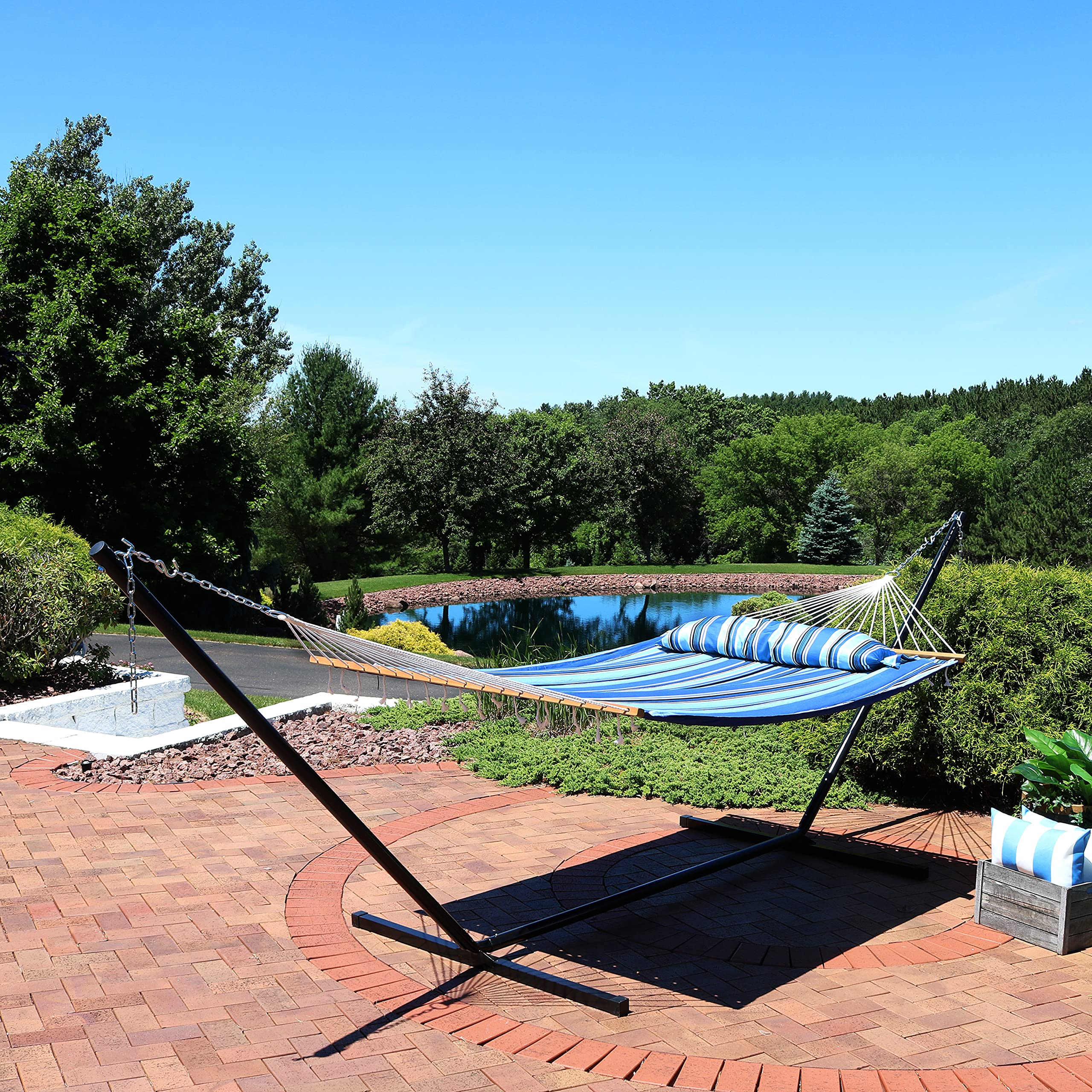 SunnyDaze Quilted Double Hammock with Stand - 400 lb Capacity Outdoor Hammock for 2 People - 15 ft Steel Frame - Perfect for Backyard, Beach & Camping - Misty Beach Design