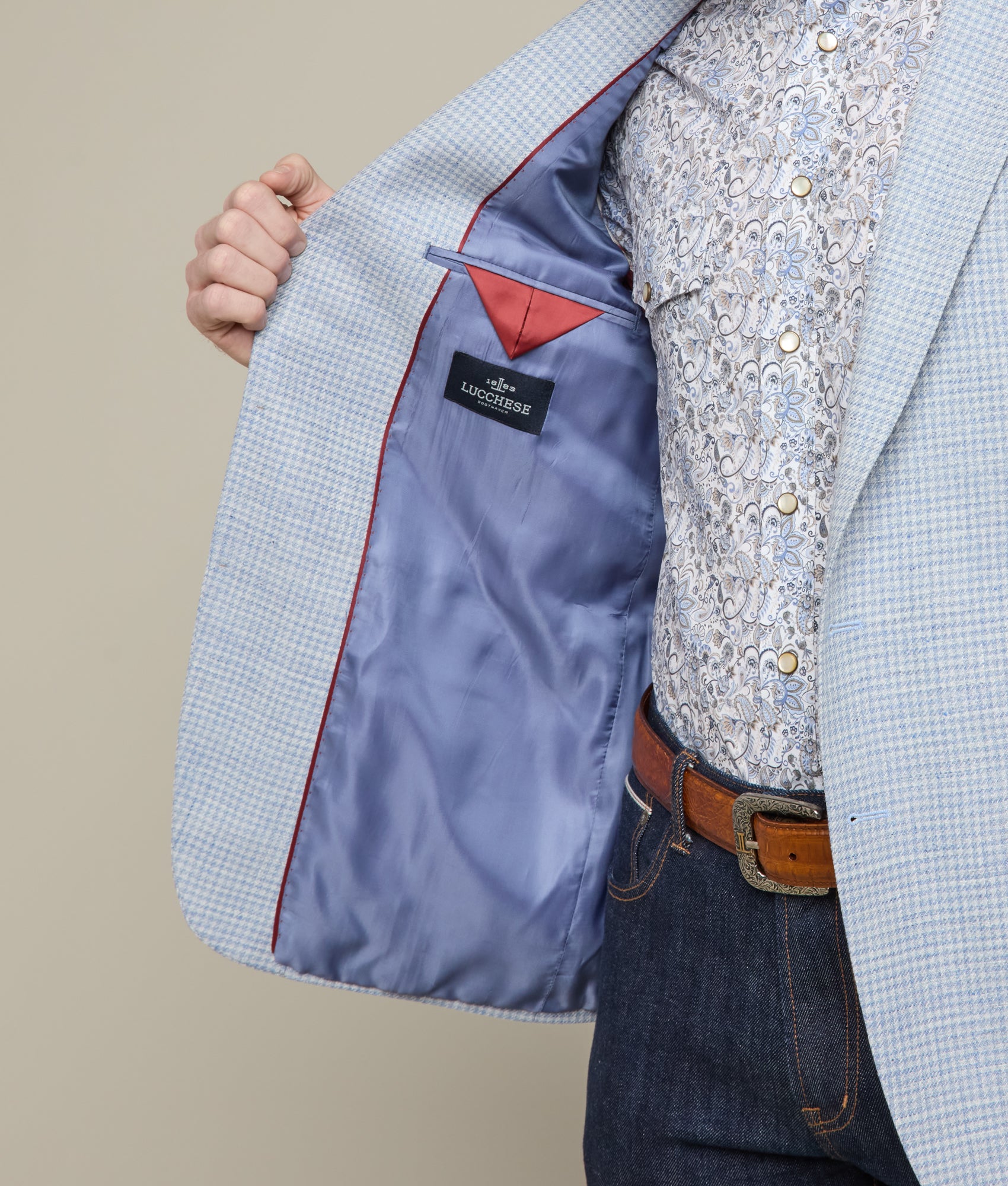 Lucchese Light Blue and Cream Mini Check Sport Coat for Men | Stylish Casual Blazer for Office, Weddings & Outdoor Events
