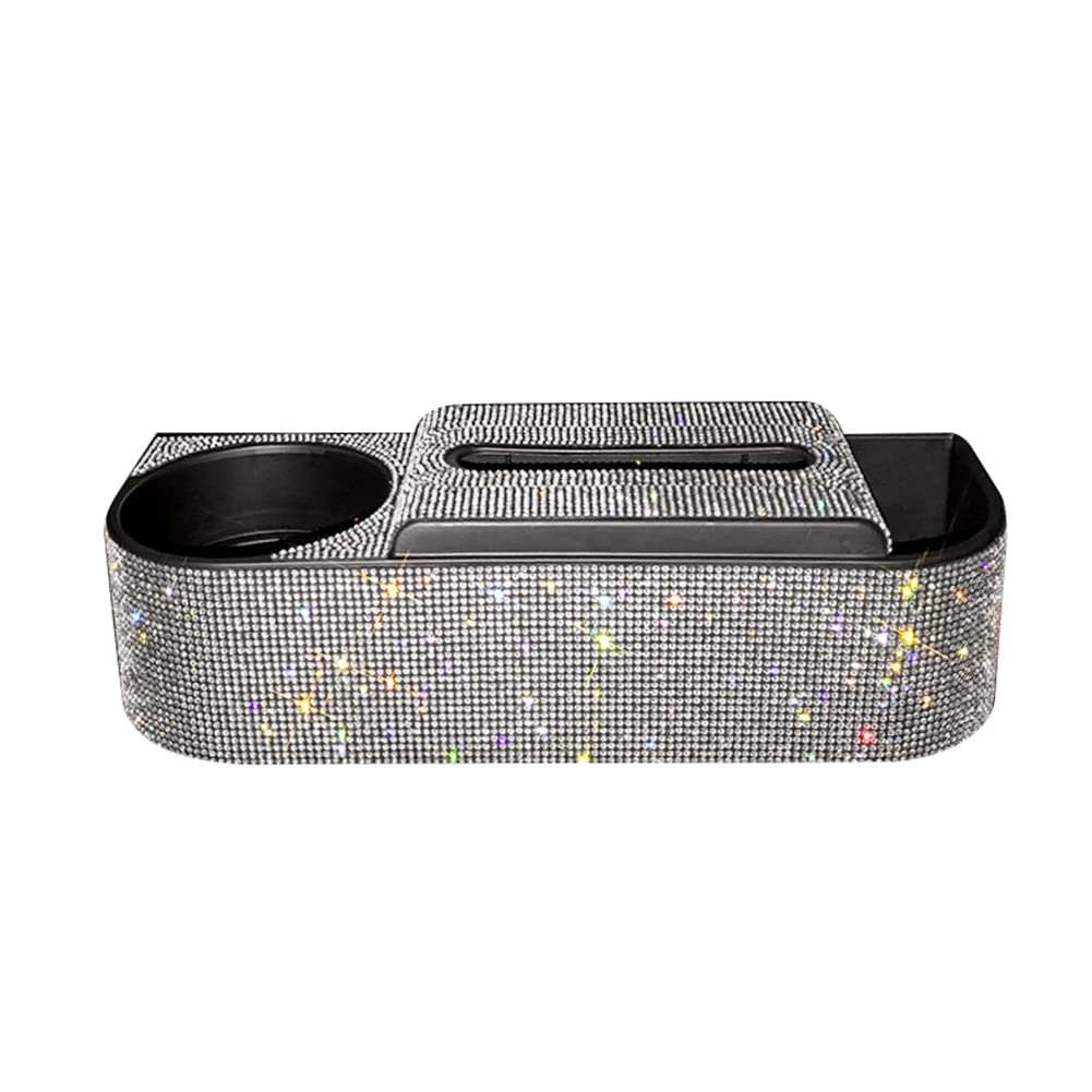 3-in-1 Multifunctional Car Seat Gap Organizer with Rhinestone Tissue Holder & Cup Storage | White Car Accessories for Small Item Organization | Perfect for Sedans, SUVs and Road Trips