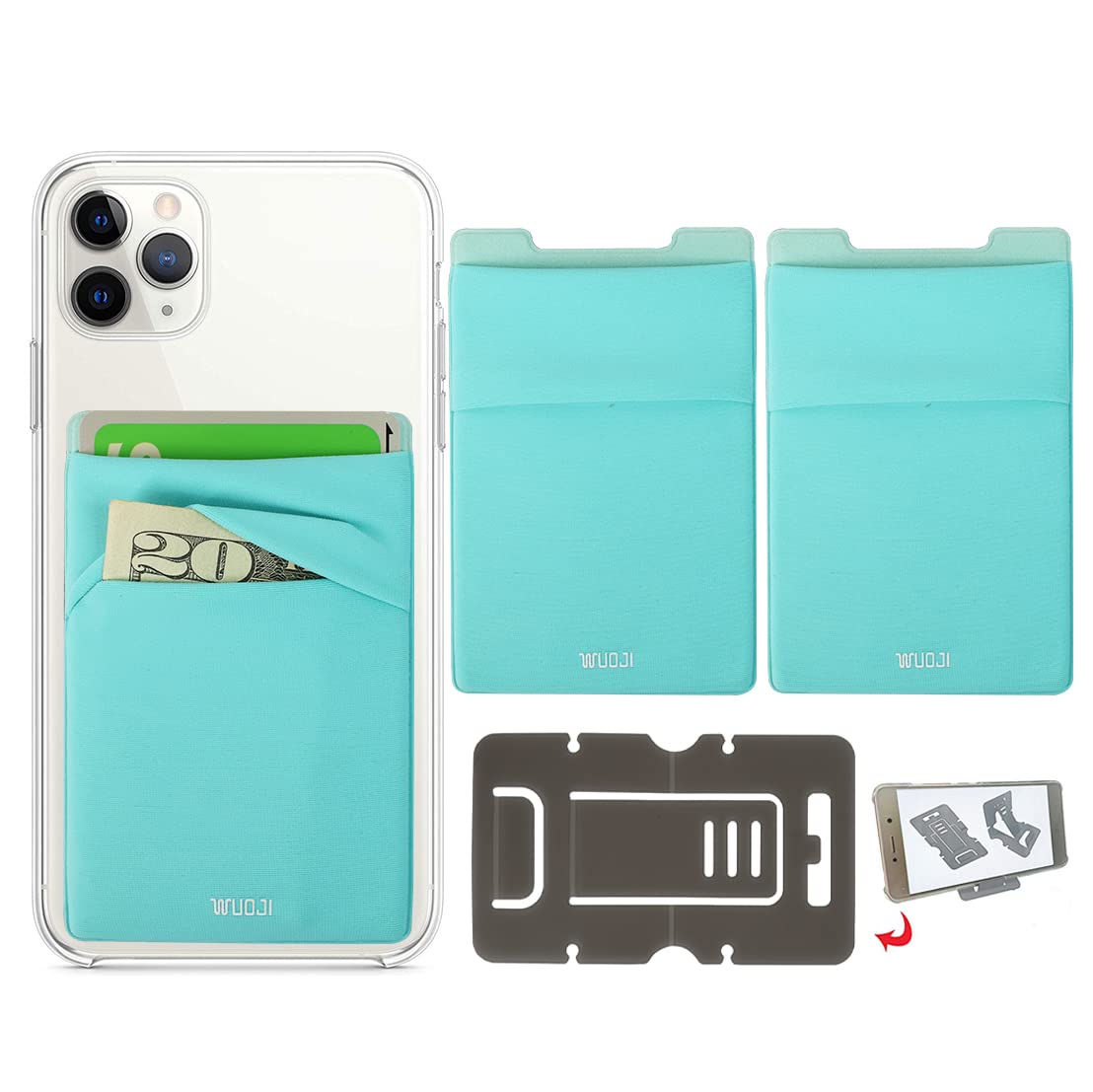 RFID Blocking Phone Wallet - Stretchy Lycra Credit Card Holder with Adhesive Sticker - Compatible with iPhone, Samsung Galaxy & Android Phones (Mint Blue, 2-Pack) - Perfect for Travel, Commuting & Contactless Payments