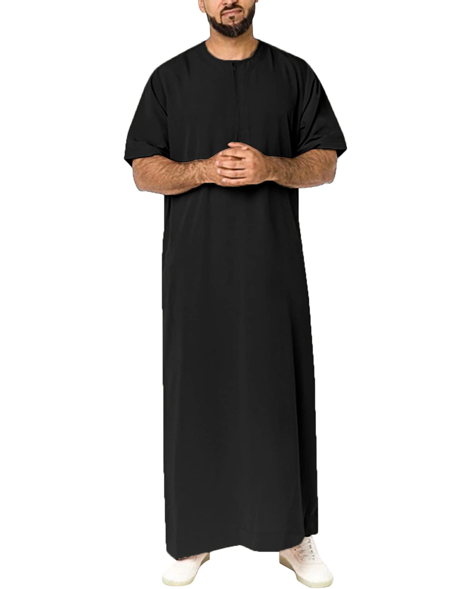 YAOHUOLE Men's Islamic Thobe - Short Sleeve Arabic Robe with Pocket - Traditional Muslim Clothing for Prayer, Eid & Daily Wear