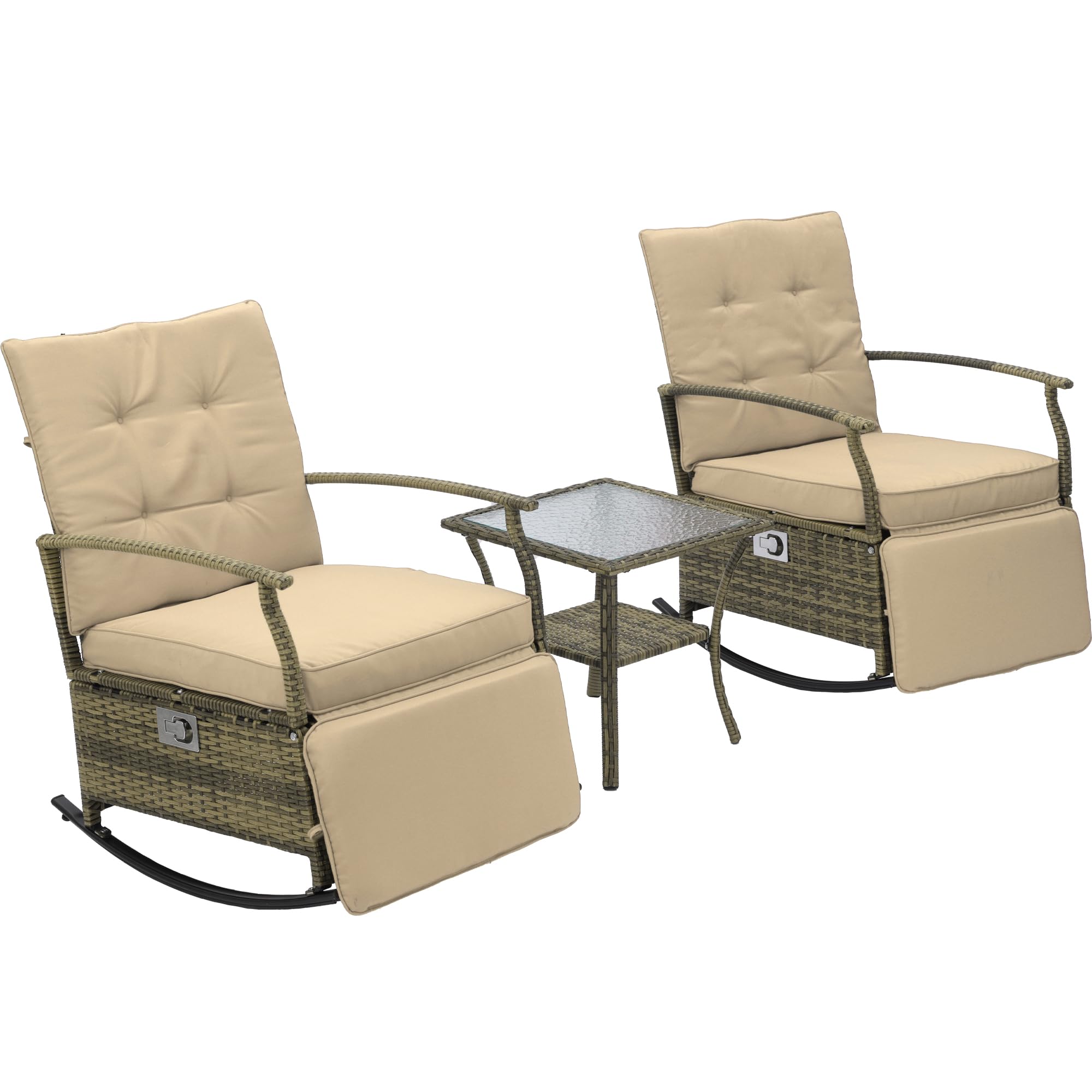 **Outdoor Rocking Chairs Adjustable Rattan Recliner - PE Wicker Patio Furniture Set with Thick Cushions & Removable Glass Tabletop, Beige - Perfect for Garden, Poolside, and Backyard Relaxation**