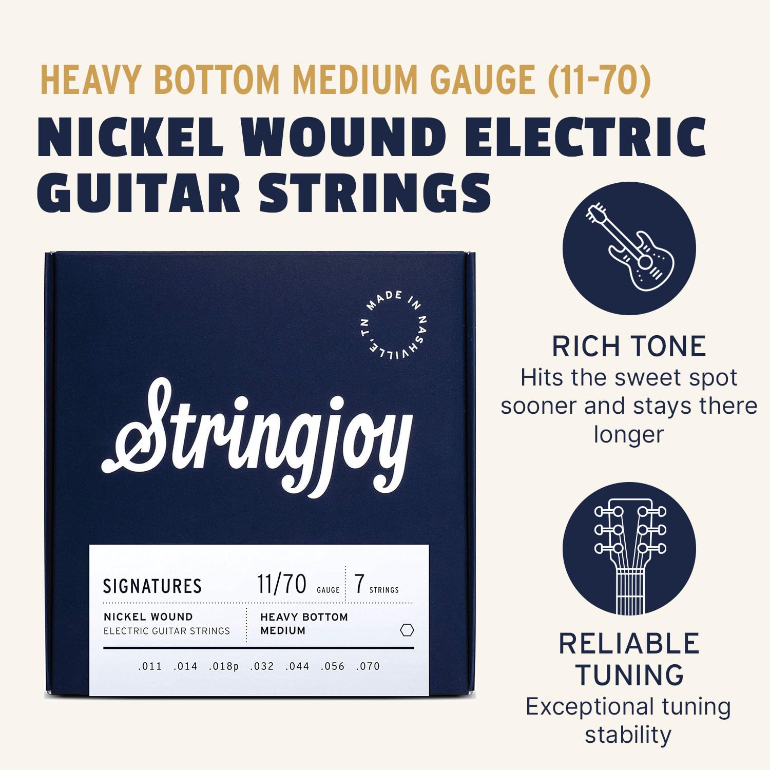 Stringjoy HVY117 7-String Electric Guitar Strings - 11-70 Heavy Bottom Medium Gauge Nickel Wound | Premium Replacement Strings for 7-String Electric Guitars | Perfect for Metal, Rock & Extended Range Playing
