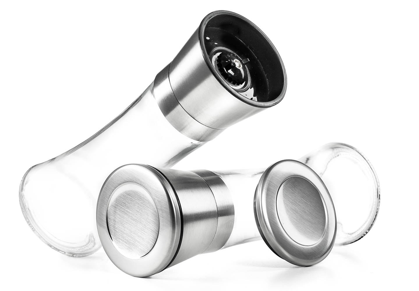 Premium Stainless Steel Salt and Pepper Grinder Set - Adjustable Ceramic Rotor, Glass Body, Tall Size (2-Piece) - Perfect for Kitchen, Dining Table & Gourmet Cooking