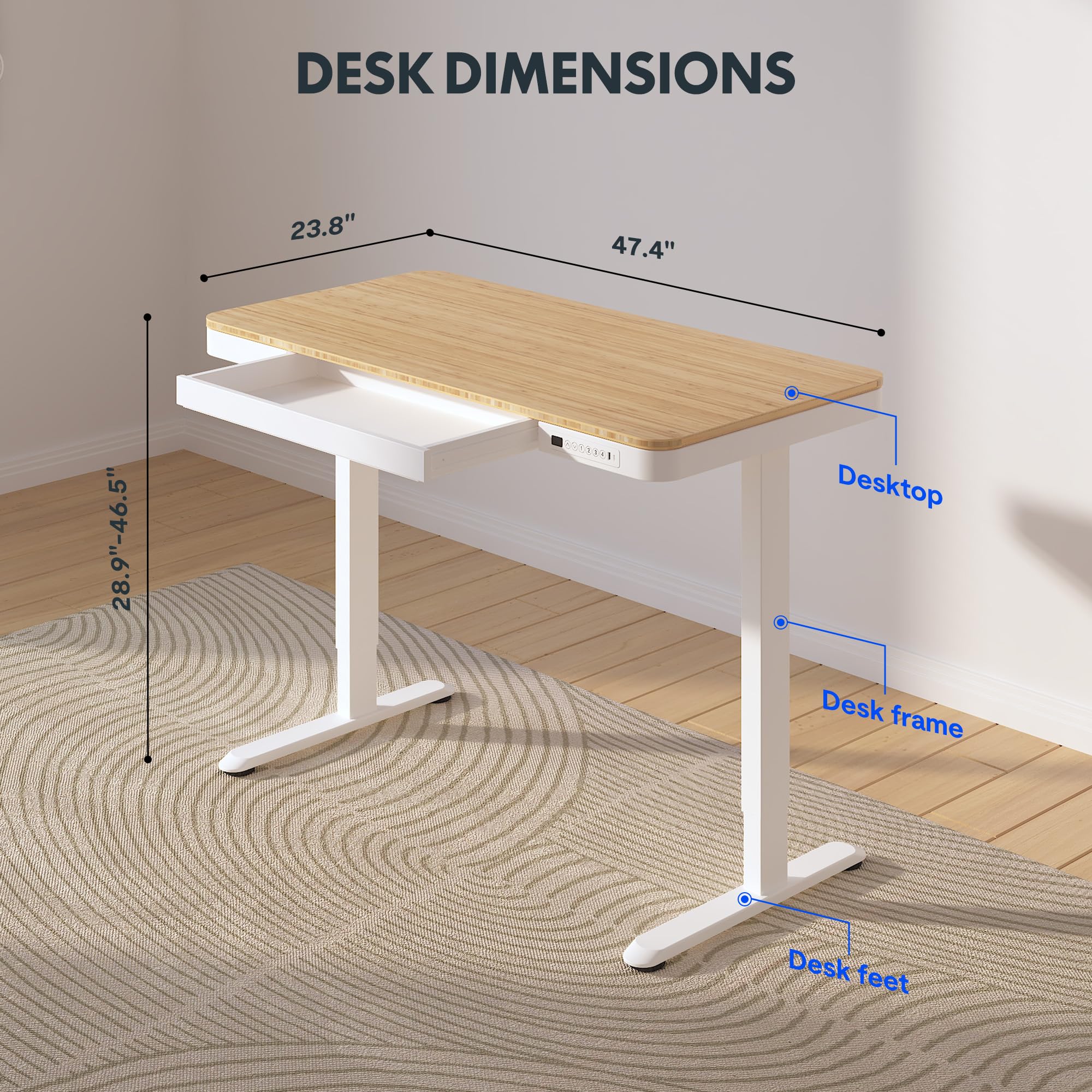 FLEXISPOT Comhar Electric Adjustable Standing Desk with Drawer & USB Charging Ports - Bamboo Texture/White Frame for Home Office & Workspace - Ergonomic Sit Stand Desk for Work, Study & Gaming