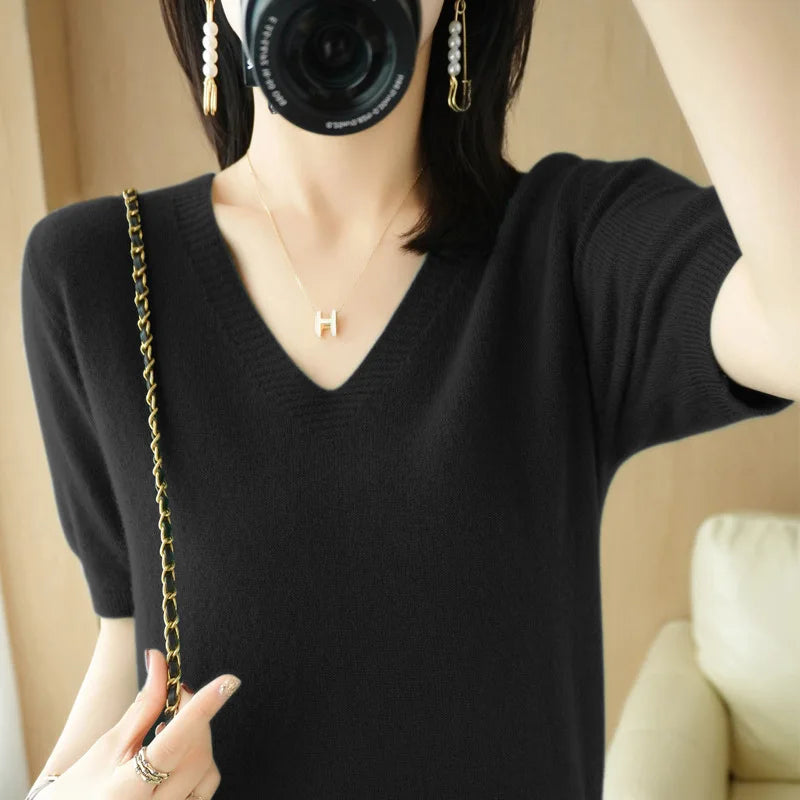 Solid Color V-Neck Half-Sleeve Cashmere Sweater for Women - Soft Thin Knit Casual Top for Office Wear & Fall Layering