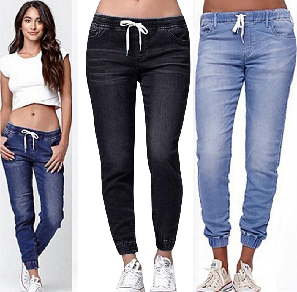 Stylish Stretch Denim Jeans for Women - Loose Fit Cropped Ankle Jeans with Elastic Waist & Drawstring - Plus Size & Tall Options - Perfect for Casual Wear, Autumn Outfits & Everyday Comfort