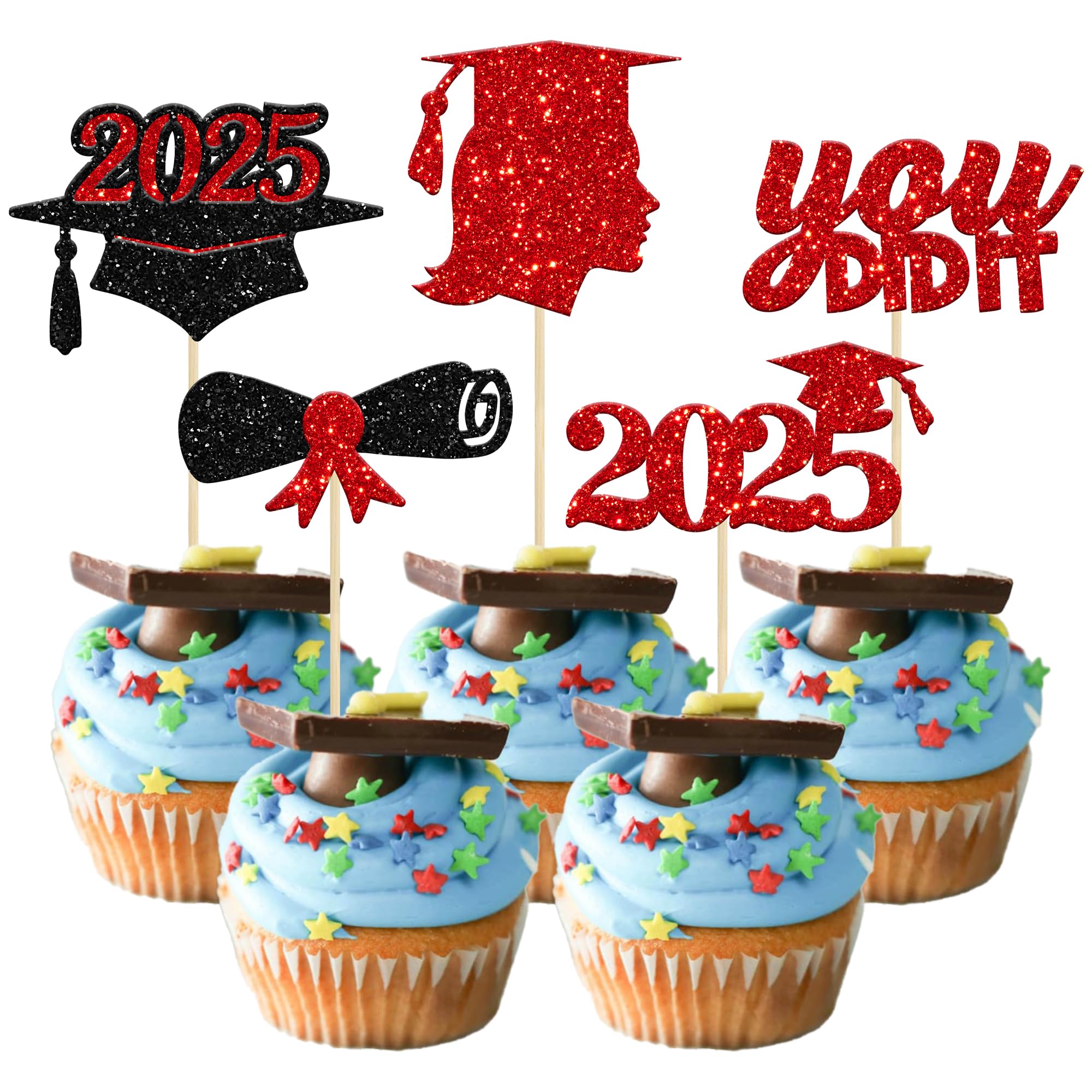 30Pcs Red Glitter Graduation Cupcake Toppers - Class of 2025 Diploma Cap Cake Decorations for Women & Girls | Perfect for 2025 Graduation Theme Party, Birthday Celebrations & School Events
