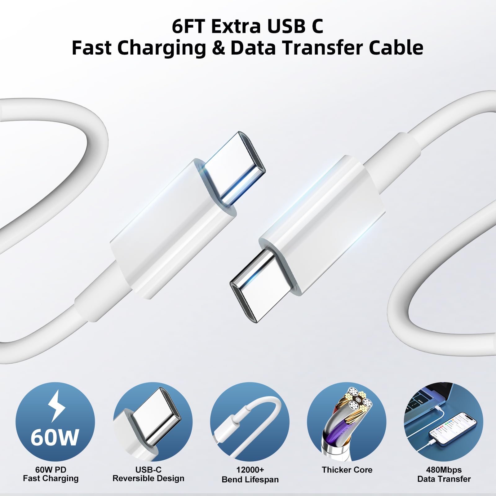 3-Pack 20W USB C Fast Charger Block with 6FT USB C to C Cable - Compatible with iPhone 15/15 Pro/15 Pro Max, iPad Pro 12.9/11
