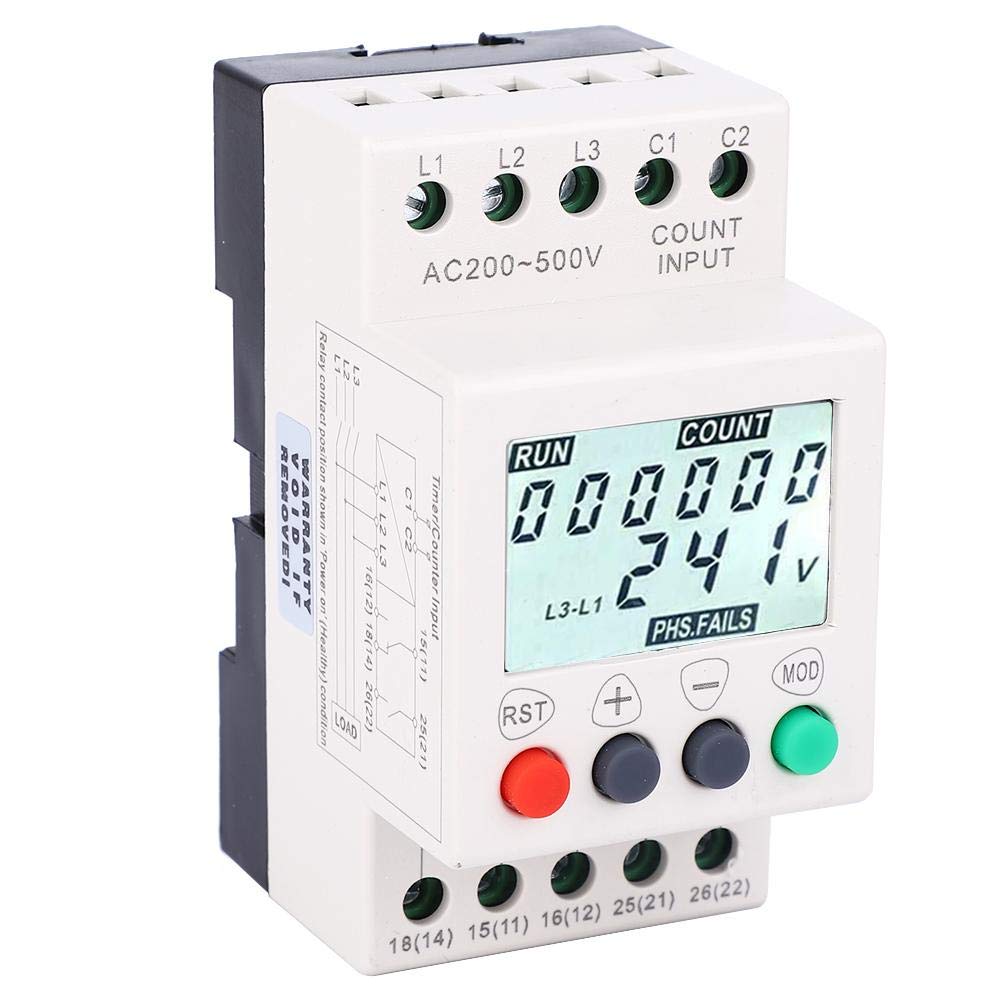 YWBL-WH RD6-W 3 Phase Voltage Monitor Relay 208-480VAC with LCD Display - Over/Under Voltage & Phase Sequence Protector for Industrial Equipment, HVAC Systems, and Power Distribution Safety