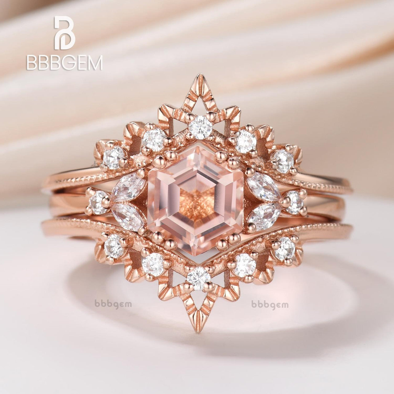Vintage Natural Morganite Hexagon Ring Set with Diamond Accents & Open Milgrain Enhancer Band in Rose Gold - Perfect for Engagement, Wedding, Anniversary & Special Occasions