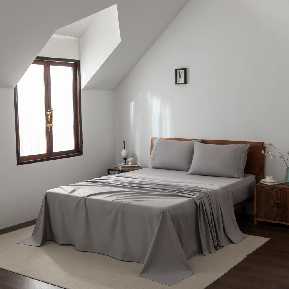 Casey 400 Thread Count Cotton Sheet Set in Pewter - Long Single Bed 60cm | Soft & Breathable Bedding for Comfortable Sleep