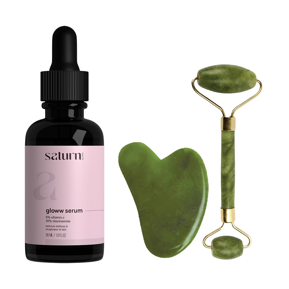 GHC Skin Care Saturn Combo: 5% Vitamin C Face Serum with Niacinamide & Natural Himalayan Stone Facial Massager (Jade Roller & Gua Sha) - Brightening, Glowing Skin | SLS-Free, Paraben-Free, 100% Vegan | All Skin Types | Perfect for Morning Routine & Nighttime Skincare